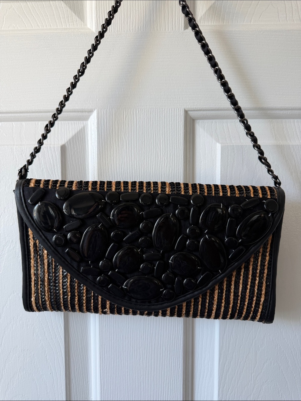 Chico's Black and Tan Beaded Chain-Strap Clutch